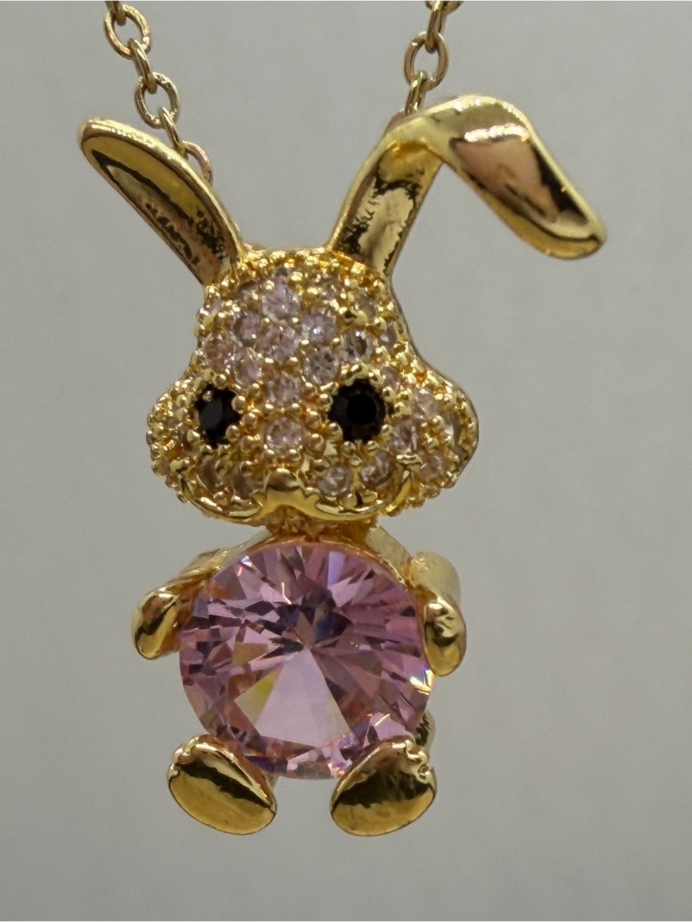 Gold-Tone Bunny Pendant Necklace with Pink Crystal